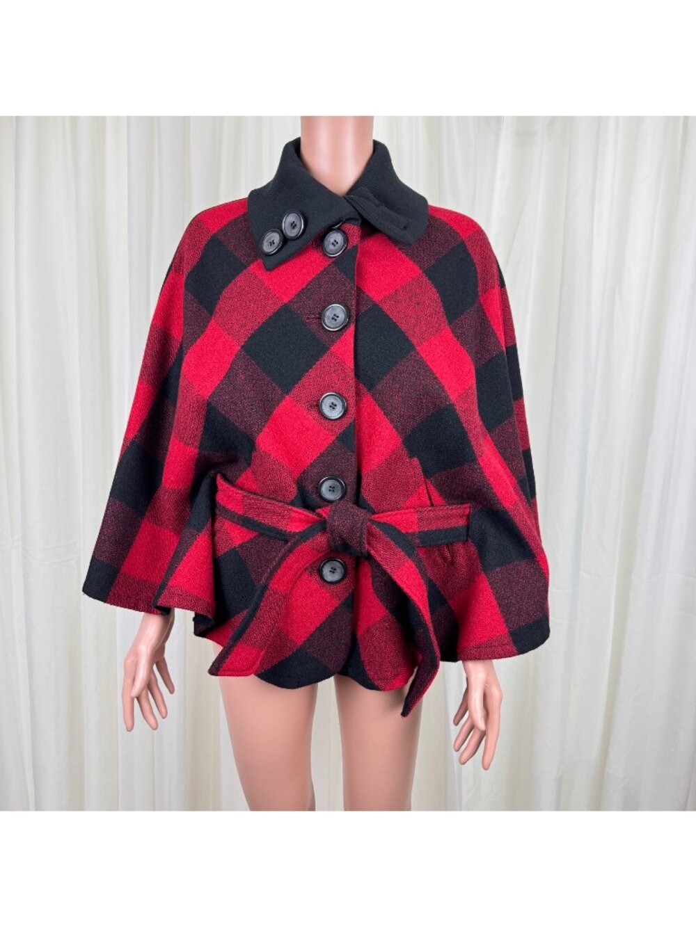 NWOT FUDA Plaid Wool Cape Poncho Shawl Coat Jacket Red Blk Buffalo Size LG Y2K